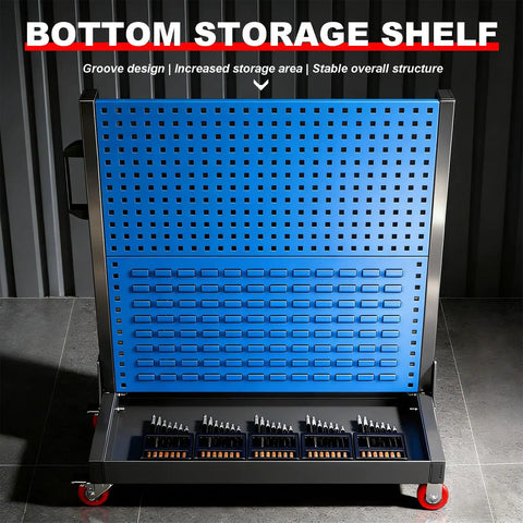 Blue Pegboard Tool Organizer On Locking Casters With Bottom Shelf Two Tier Storage Rack For Tools Screws And Accessories