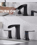 Matte Black Bathroom Faucet With Drain 8 Inch Widespread Three Hole Two Handle Sink Faucet Durable Anti Corrosion Finish Easy Clean Metal Bath Vanity Faucet For A Dope Modern Bathroom Upgrade, water running feature.