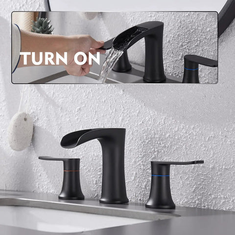 Matte Black Bathroom Faucet With Drain 8 Inch Widespread Three Hole Two Handle Sink Faucet Durable Anti Corrosion Finish Easy Clean Metal Bath Vanity Faucet For A Dope Modern Bathroom Upgrade, water running feature.