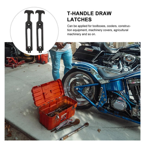 Rubber Latch 4 Pack T Handle Draw Latches with Elastic Buckle next to red toolbox and motorcycle in garage setting.