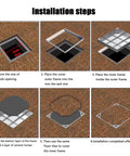 Installation steps for Invisible Square Septic Tank Covers With Base, showing placement and setup in six images.