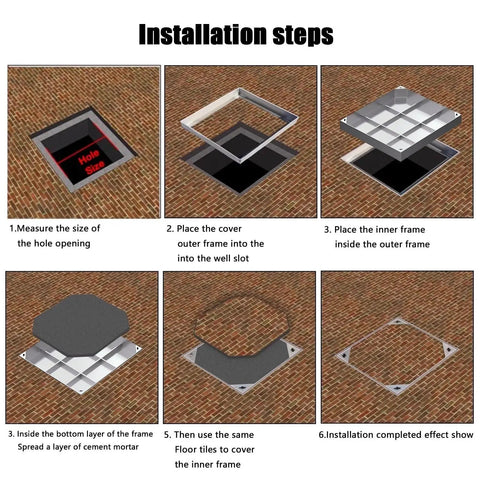 Installation steps for Invisible Square Septic Tank Covers With Base, showing placement and setup in six images.