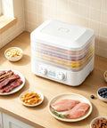 Sleek Digital Food Dehydrator With Adjustable Temperature And Timer For Fruits Veggies Meat Heavy Duty Electric Dryer, four trays with fruits and meats.