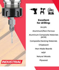 Clean Cutting Countersink And Drill Combo Bit, 82 Degree Carbide Tipped Edge showing drilling capabilities for acrylic and aluminum.
