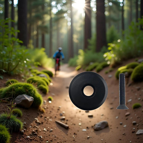 Black Front Fork Stem Top Cap And Screw for one and one eighth inch road bike stems on forest trail background