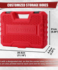 Red storage case for Impact Socket Set 1/4 Inch Drive, 50-Piece CR-V Steel, 6 Point SAE and Metric, dimensions labeled.