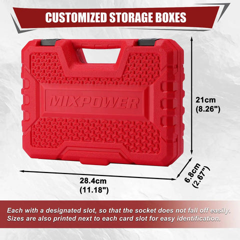 Red storage case for Impact Socket Set 1/4 Inch Drive, 50-Piece CR-V Steel, 6 Point SAE and Metric, dimensions labeled.