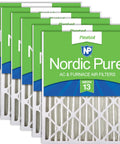 Pleated MERV 13 Air Filters 16x20x4 6 Pack With Actual Size 15.5 x 19.5 x 3.63, showing product packaging and pleated filter design