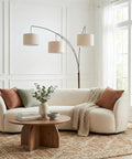 Trilage Arc Floor Lamp With Three Fabric Shades And LED Bulbs over sofa in living room, oil rubbed bronze finish, multi head tree style