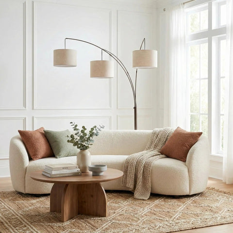 Trilage Arc Floor Lamp With Three Fabric Shades And LED Bulbs over sofa in living room, oil rubbed bronze finish, multi head tree style