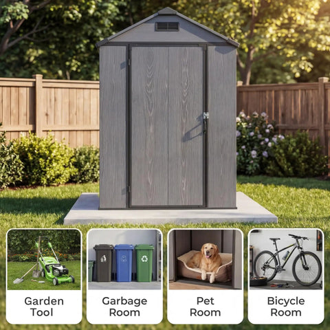 4x6 Foot Plastic Outdoor Storage Shed With Floor Lockable Door Vents UV Resistant Resin Durable Backyard Garden Shed for Lawn Mower and Gear Dark Grey
