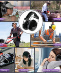 Collage showcasing 37dB Gun Range Ear Protection Muffs in use for shooting, construction, mowing, racing, studying, and travel.