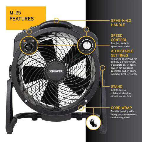 Xpower M-25 Ozone Air Neutralizing Fan With Powerful Axial Air Mover, features like speed control and adjustable settings.