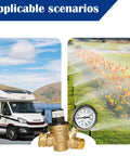 Water Pressure Regulator Valve For RVs With Gauge And Inlet Screened Filter Brass RV Part For Camper Trailer Performance, Leak Prevention, And Smooth Water Pressure On the Road.