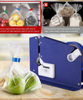 No Sweat Heavy Duty Bag Sealer With Razor Edge Trimmer and Six Pack Assorted Color Rolls sealing a bag of produce.
