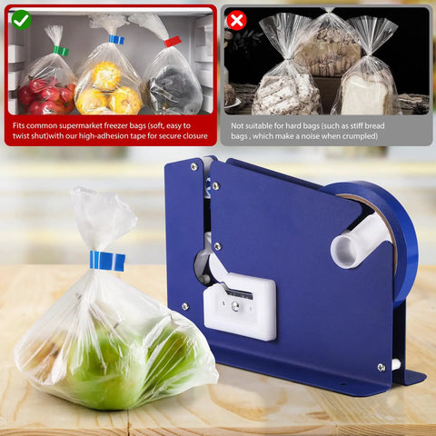 No Sweat Heavy Duty Bag Sealer With Razor Edge Trimmer and Six Pack Assorted Color Rolls sealing a bag of produce.