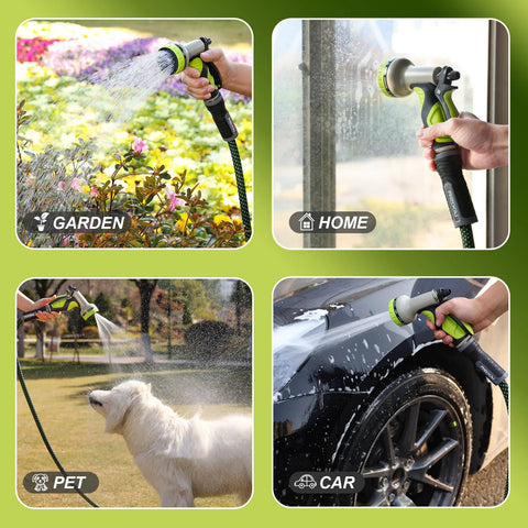 Relxitl green garden hose, 100ft, flexible with 10-function sprayer for garden, home, pet and car use.
