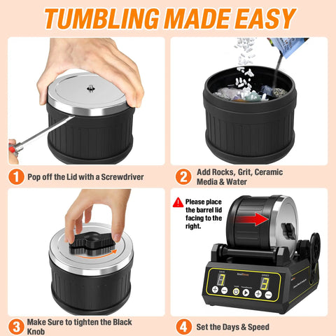 Steps to use Large 2.5Lb Rotary Rock Tumbler Kit for Adults and Hobbyists with quiet rubber barrel and adjustable timer.