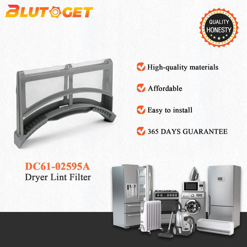 Heavy Duty Dryer Lint Filter Case Screen For Samsung Dryers DVE45T6000W DV42H5200EW DV42H5000EW AP4578777 DC61-02595A Replacement Part With Stainless Steel Filter And ABS Frame shown with appliances