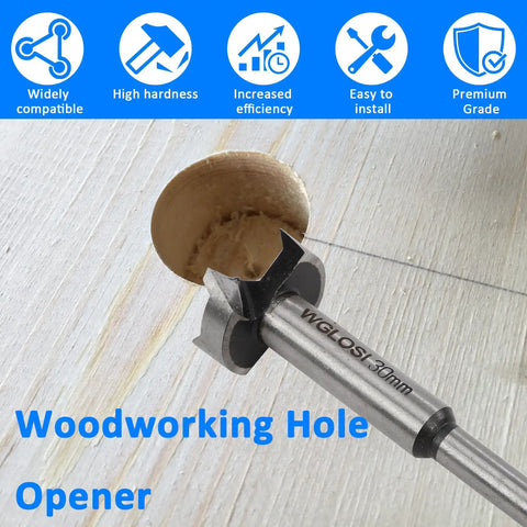 Heavy Duty 5 Piece Forstner Bit Set Premium Carbon Steel Woodworking Drill Bits For Crisp Holes In Hardwood Softwood Plywood And MDF Panels Cuts Smooth As Butter With Zero Grit And Absolutely No Jitter showing a woodworking hole opener with a clean hole in wood.
