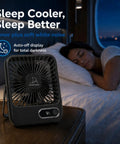 Slick Portable Cruise Fan With Tight Grip Magnetic Mount For Cabin Walls Or Ceiling, 4000 Mah Battery, Usb Rechargeable, Five Adjustable Speeds, Smart Timer And Clean White Noise on bedside table with person sleeping.