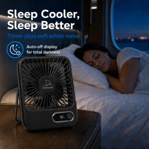 Slick Portable Cruise Fan With Tight Grip Magnetic Mount For Cabin Walls Or Ceiling, 4000 Mah Battery, Usb Rechargeable, Five Adjustable Speeds, Smart Timer And Clean White Noise on bedside table with person sleeping.