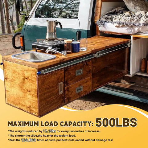 Outdoor kitchen setup with heavy duty drawer slides with lock, extending 500 lb capacity, wooden cabinets on van, ideal for camping.