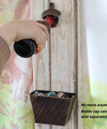 Badass Vintage Cast Iron Beer Bottle Openers Wall Mounted Set Of Twelve showing hand opening a bottle with caps below.