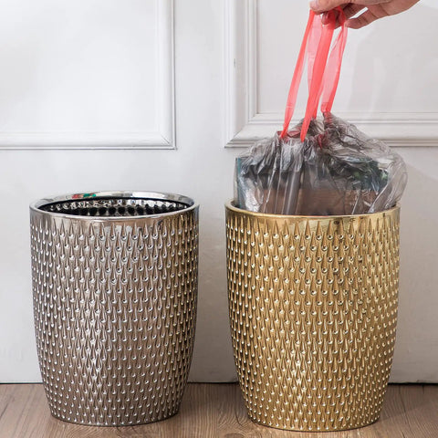 Golden Modern Small Trash Can Wastebasket For Bathrooms Powder Rooms Kitchens And Home Offices Durable Ceramic Round Garbage