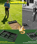 Side-by-side comparison of Pro Grade Lawn Leveling Rake with 17 by 10 inch stainless steel head and 6.5 foot adjustable handle