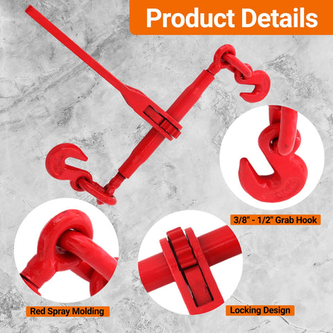 Heavy Duty Ratchet Chain Binders 2 Pack 9215 Lbs Working Load Limit Three Eighths To One Half Inch With G70 Hooks, red finish