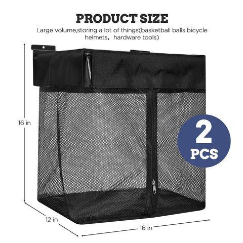 Large Mesh Slatwall Baskets Set Of 2 With 4 Hooks, 16x16x12 Inch Hanging Slat Wall Baskets, 48L Capacity, shown with measurements