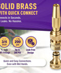 Heavy Duty Adjustable Garden Hose Spray Nozzle With Solid Brass 3/4 Inch GHT Quick Connect, shown in detail, with specs.