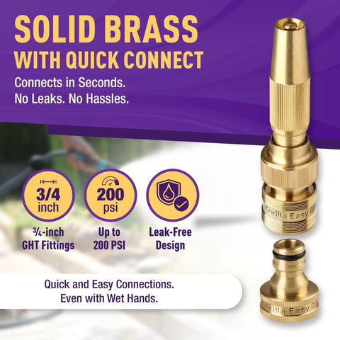 Heavy Duty Adjustable Garden Hose Spray Nozzle With Solid Brass 3/4 Inch GHT Quick Connect, shown in detail, with specs.