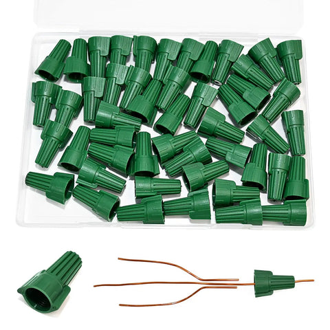 Pack of 50 Winged Ground Wire Connector Nuts With Hole, Spring Loaded Wire Nuts For Safe Electrical Connections, green color.