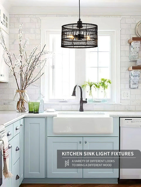 Black Rattan Pendant Lights Drum Chandelier Dope Wicker Light Fixtures Ceiling Hanging Boho Bamboo Pendant Lamp For Kitchen