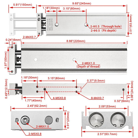 Technical diagram of Dual Aluminum Air Cylinder CXSM 20mm 150mm with guide rod plate, dimensions labeled, showcase of compact automation design.