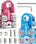 Beefed-Up 8-Way Battery Terminal Connector Kit With Positive And Negative Set For SAE DIN EN Tapered Top Post Compatible With 8AWG To 40 AWG Includes OEM Top Post Adapter And Top Mounted Distribution Block For Easy Vehicle Electrical Upgrades, red and blue aluminum terminals