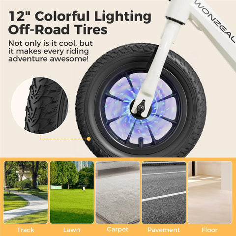 Electric Balance Bike for Kids Ages 3 to 5, 12-inch off-road tire with colorful lighting and white fork