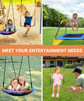 Backyard Swing Set With Trampoline For Kids And Adults, Heavy Duty A Frame, 440 Lb Capacity, shown in various outdoor settings