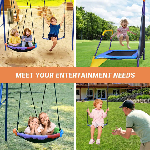 Backyard Swing Set With Trampoline For Kids And Adults, Heavy Duty A Frame, 440 Lb Capacity, shown in various outdoor settings