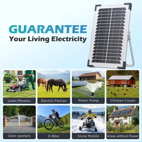 Two Pack 15W Solar Battery Maintainer With Smart Controller next to diverse applications like lawn mowers and electric fences.