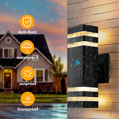 Exterior Dusk to Dawn LED Wall Sconces Two Pack Up and Down Modern Black Outdoor Porch Lights illuminated in rain