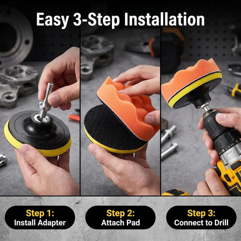 3-step installation of 10 Piece 4 Inch Car Polishing Pad Kit With Sponge Pads And Wool Pad Set M10 Drill Adapter And Suction Cup