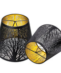 Double Pack Clip On Lampshades For Candelabra Bulbs, Barrel Metal Lampshade With Tree Pattern In Black And Gold, 5x8x7 Inches