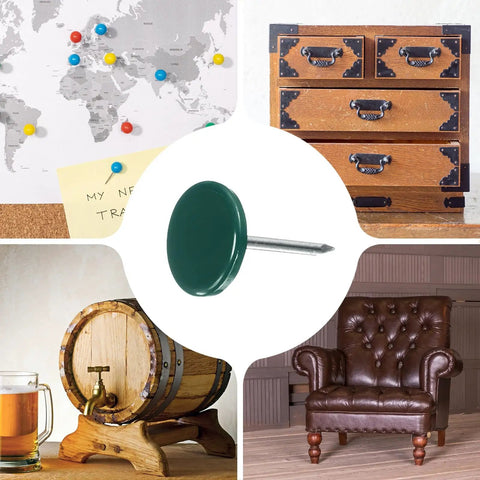 Kick Up Your Home Game With These Sick Green 11mm X 17mm Upholstery Tacks, shown with cork board and furniture.