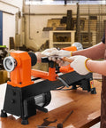 Workhorse Benchtop Wood Lathe 10x18 Inch for DIY woodworking in use with wood blank being turned, includes faceplate and wrenches.