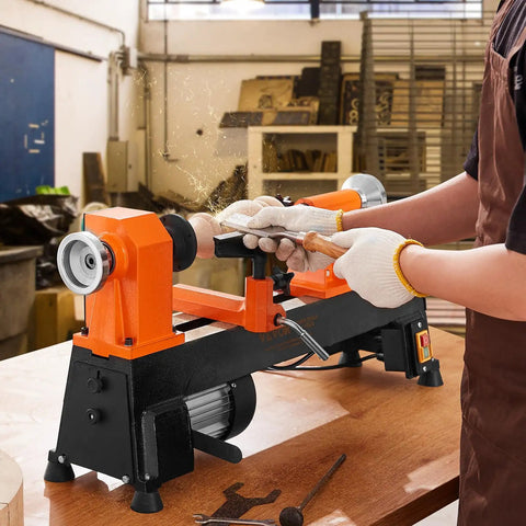 Workhorse Benchtop Wood Lathe 10x18 Inch for DIY woodworking in use with wood blank being turned, includes faceplate and wrenches.