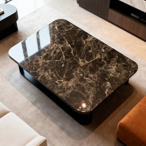 Close-up of a table with Brown Marble Peel And Stick Contact Paper For Countertops And Backsplash, showing detailed marble texture.
