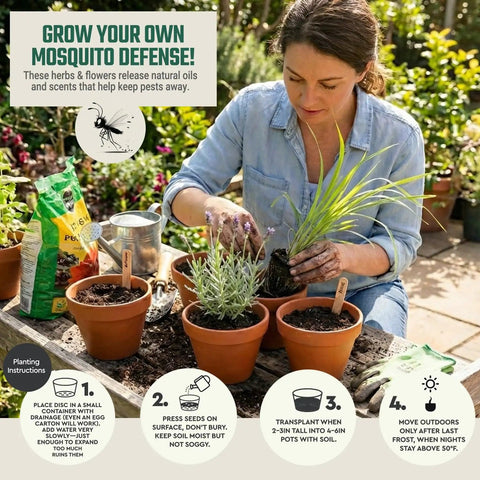 Woman gardening with Garden Aromatic Herb Seed Kit For Mosquito Season With Six Seed Packets For Patio And Deck plants in pots